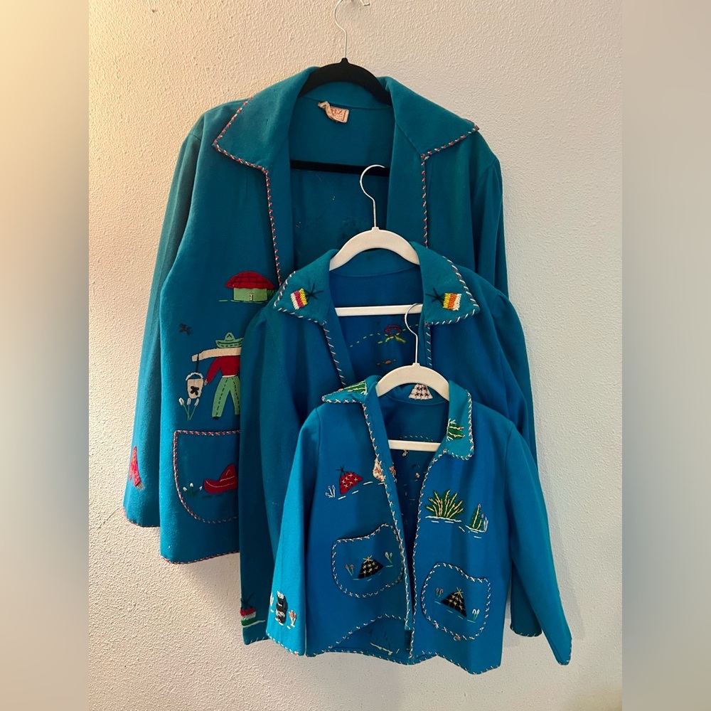 Family set of three 1950s Turquoise Mexican Embroidered Tourist Jackets wool
